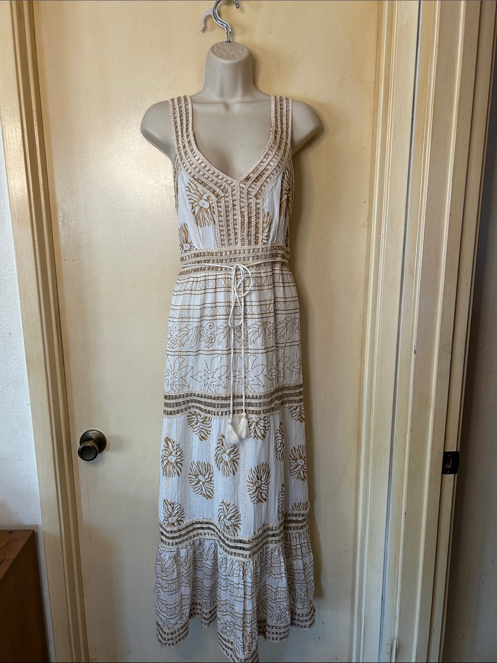 Dress Naoo  White Maxi Dress with Gold Embroidery and Waist Tie size L
